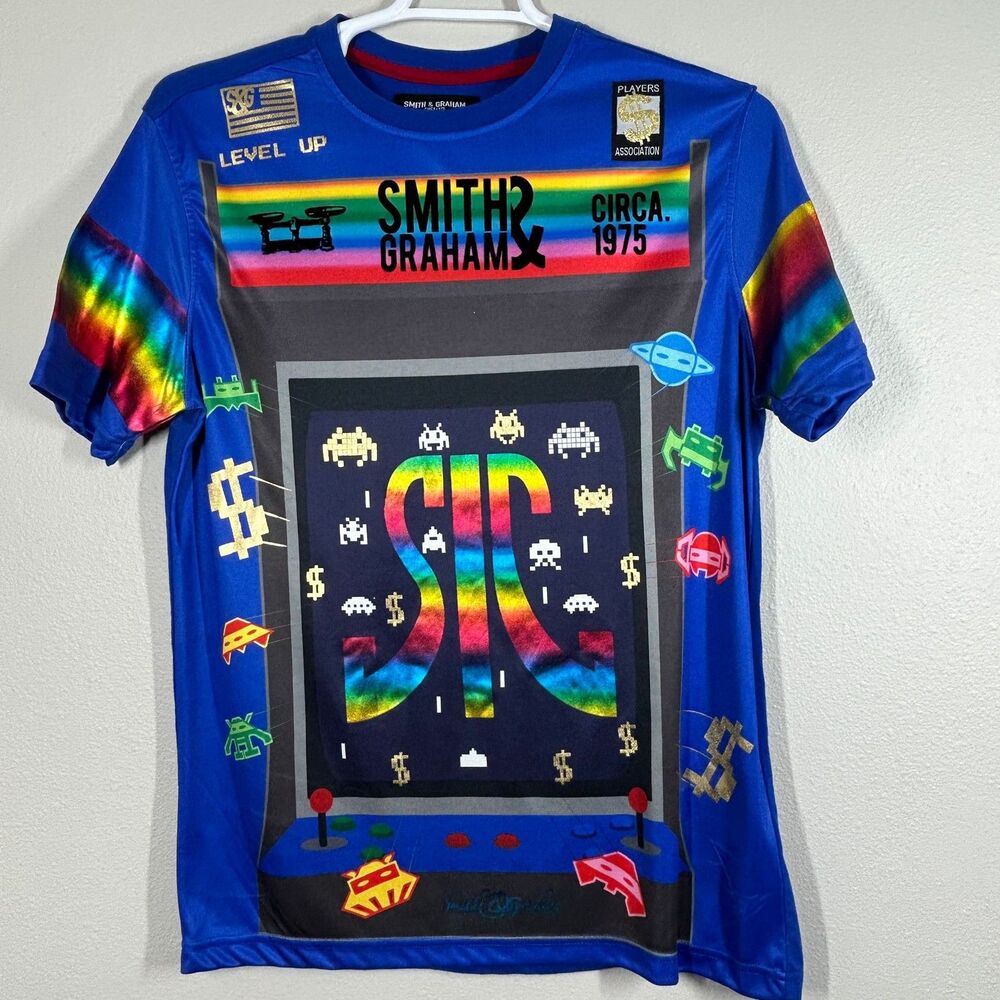 Smith & Graham Shirt Mens LG Blue Rainbow Arcade Graphic Players Association